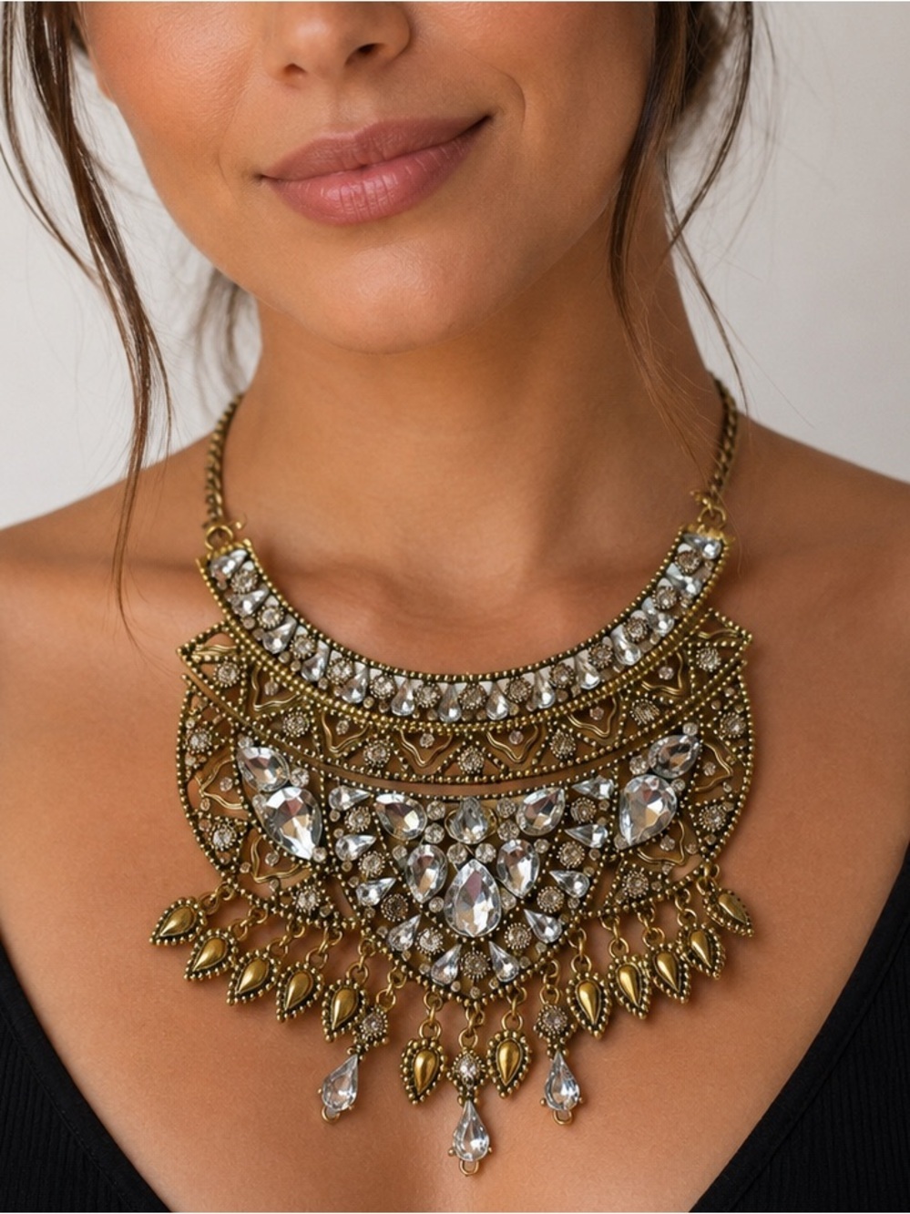 Boho Statement Bib Necklace Gold Tone Crystal Rhinestone Festival Glam